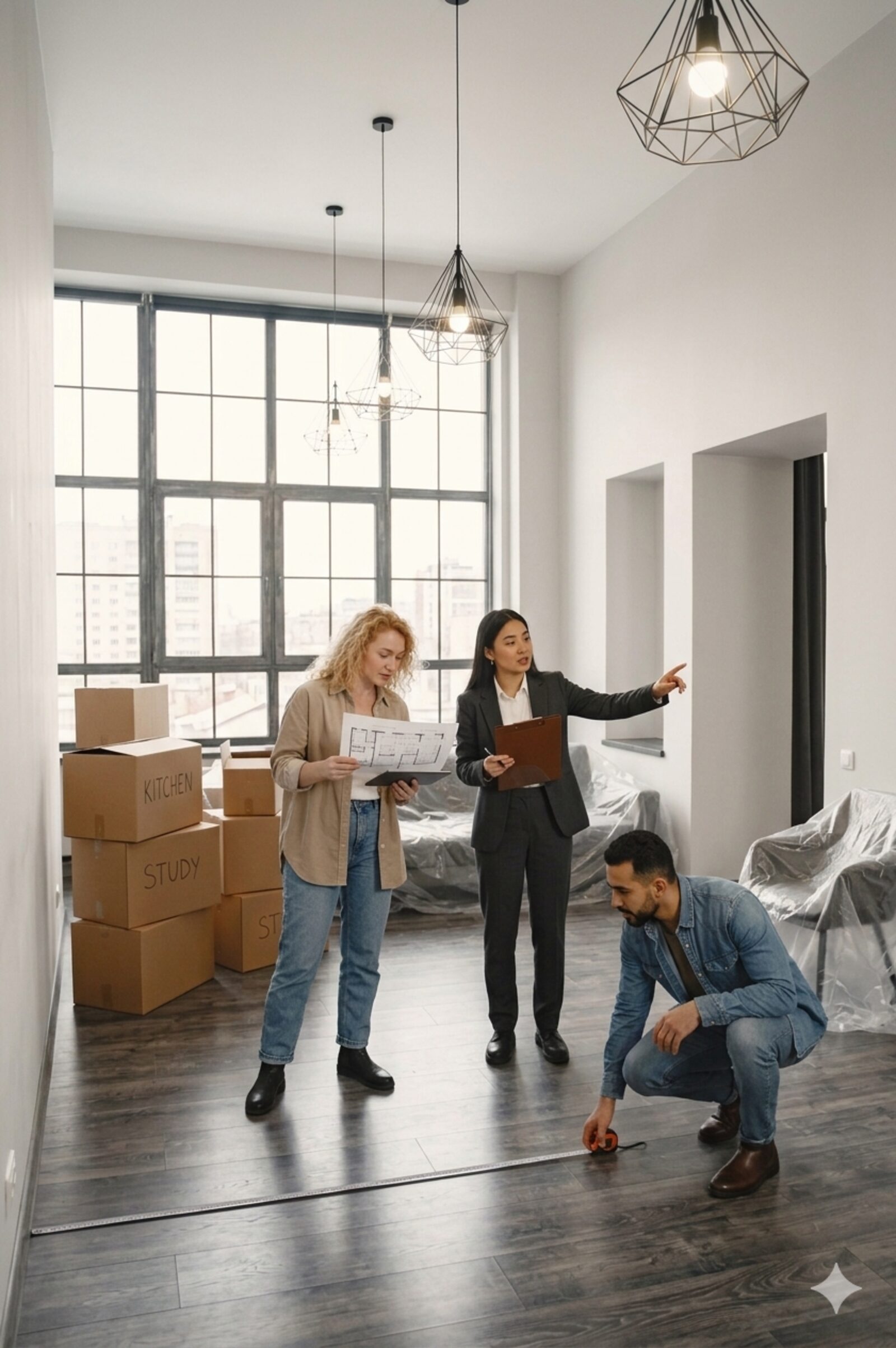 Un professionnel de l'immobilier présente un plan à deux clients dans un appartement vide