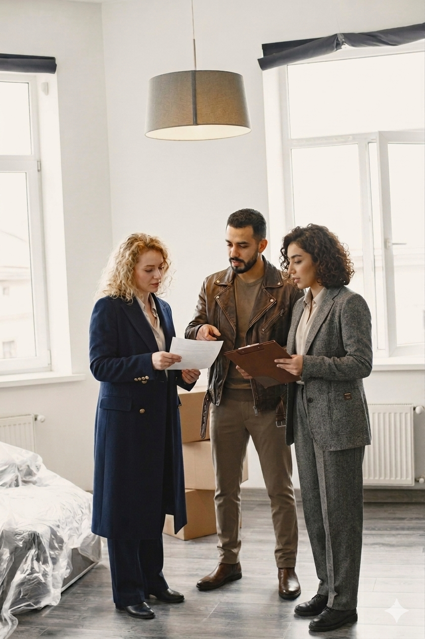 Un agent immobilier fait visiter un salon lumineux à deux clients attentifs